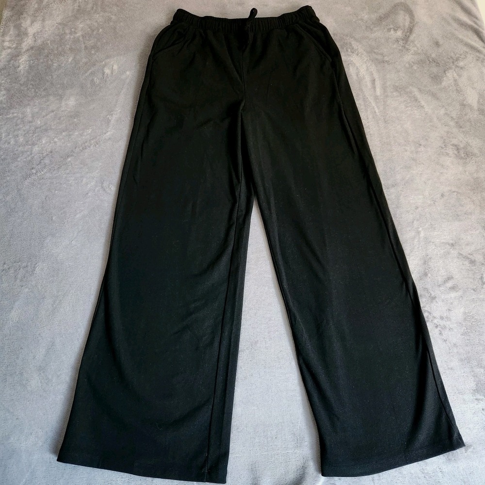 Max Studio Black Wide Leg Knit Lounge Pants Pockets Drawstring Large L